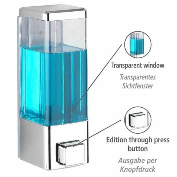 WENKO Istres väggmonterad dispenser för flytande tvål, väggmonterad dispenser för hydroalkoholisk gel, utan borrning, 320 ml, plast, krom