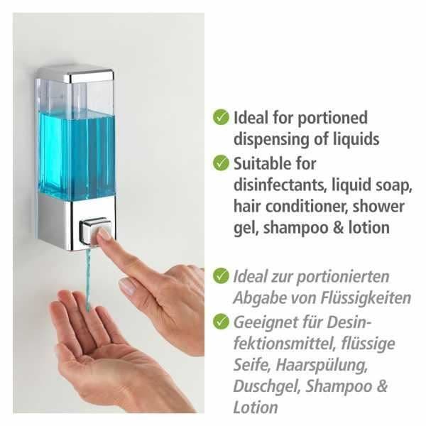 WENKO Istres väggmonterad dispenser för flytande tvål, väggmonterad dispenser för hydroalkoholisk gel, utan borrning, 320 ml, plast, krom