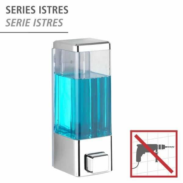 WENKO Istres väggmonterad dispenser för flytande tvål, väggmonterad dispenser för hydroalkoholisk gel, utan borrning, 320 ml, plast, krom