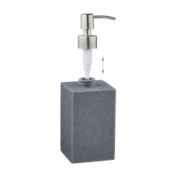Relaxdays flytande tvålbehållare, 300 ml, påfyllningsbar, badrum, schampodispenser, pump i rostfritt stål, fyrkantig, grå