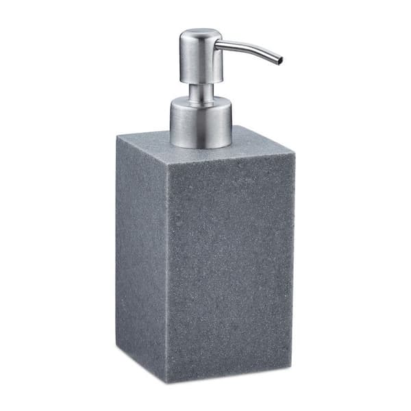 Relaxdays flytande tvålbehållare, 300 ml, påfyllningsbar, badrum, schampodispenser, pump i rostfritt stål, fyrkantig, grå