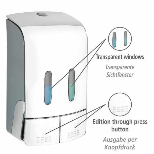 WENKO Tartas väggmonterad dispenser för flytande tvål, väggmonterad dispenser för hydroalkoholisk gel, utan borrning, 2x480 ml, Plast, krom