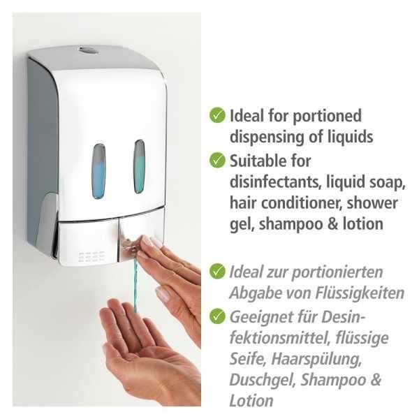 WENKO Tartas väggmonterad dispenser för flytande tvål, väggmonterad dispenser för hydroalkoholisk gel, utan borrning, 2x480 ml, Plast, krom