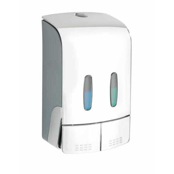 WENKO Tartas väggmonterad dispenser för flytande tvål, väggmonterad dispenser för hydroalkoholisk gel, utan borrning, 2x480 ml, Plast, krom