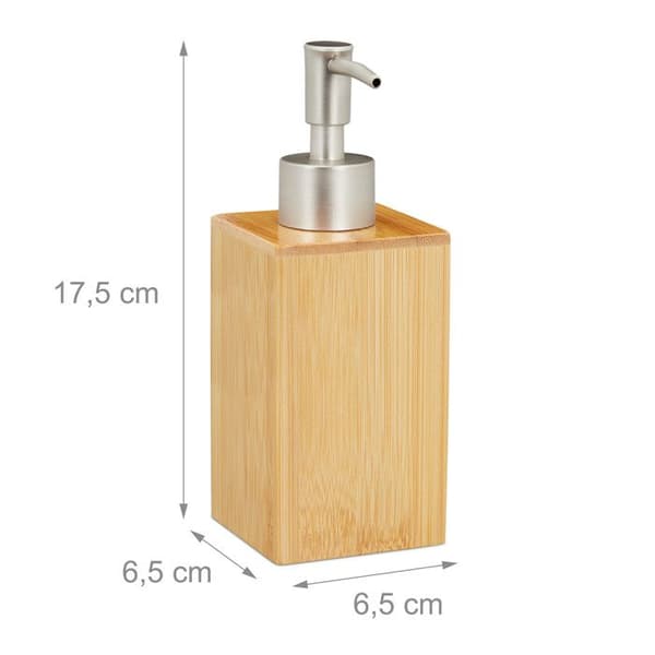 Relaxdays Tvålbehållare, påfyllningsbar, pumpflaska, Bambus & plast, 200 ml, bad, natur/silver
