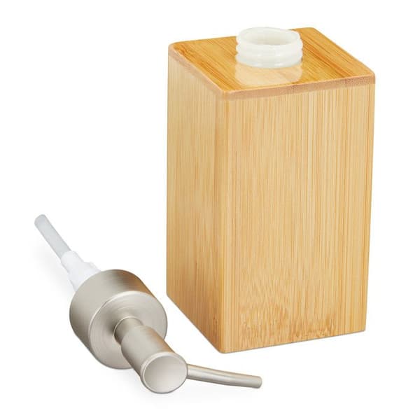 Relaxdays Tvålbehållare, påfyllningsbar, pumpflaska, Bambus & plast, 200 ml, bad, natur/silver