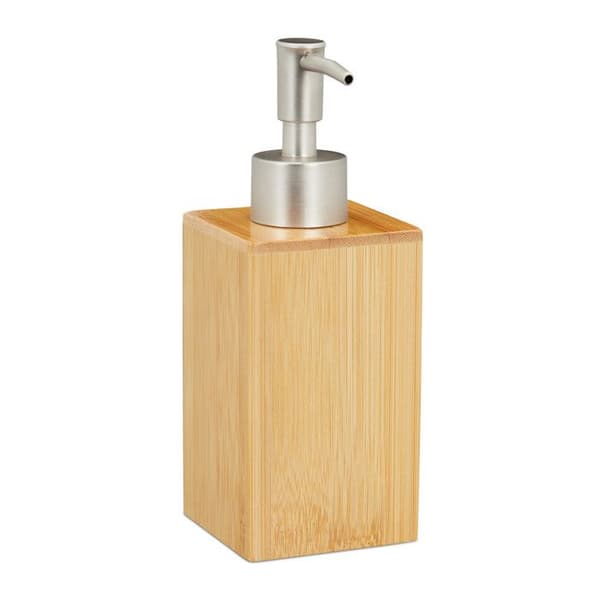 Relaxdays Tvålbehållare, påfyllningsbar, pumpflaska, Bambus &amp; plast, 200 ml, bad, natur/silver
