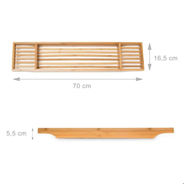 Relaxdays Bamboo Bath Bridge HxBxD: 5,5 x 70 x 16,5 cm med 3 fack för tvål, ljuskräm eller glas, naturligt