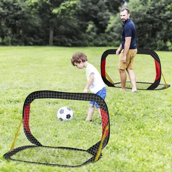 Rootz 2 fodboldmål med net - Fodboldmål - Foldemålsæt af 2 med bæretaske - Stål - Sort + Rød + Guld - 120 x 80 x 80 cm