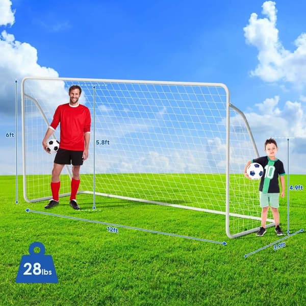 Fodboldmål Sæt, Bærbar 12x6 FT Ramme, Vejrbestandig Metal Konstruktion, Inkluderer Jordspyd