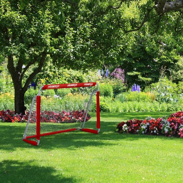 Relaxdays Fotbollsmål, set med 2, barn och vuxna, HLP: 110 x 150 x 75 cm, metall, stabil målnät för fotboll, röd