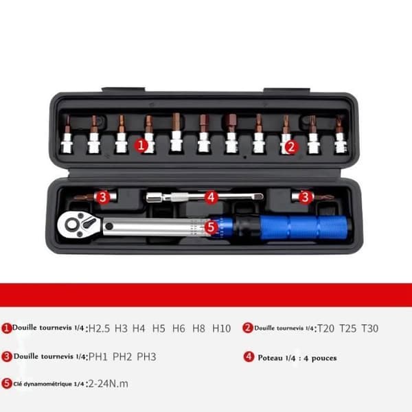 Momentnyckel, 1/4" momentnyckel 2-24N.m, momentnyckel för motorcykel och cykel, felnoggrannhet ±3 %, set med 16 delar