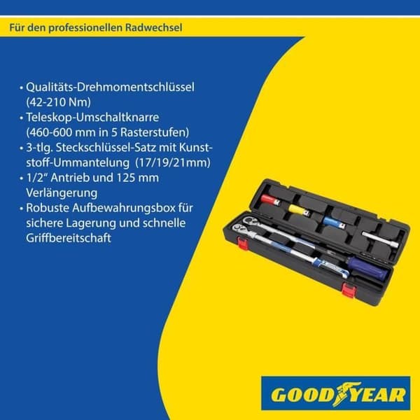 Goodyear hjulbytekit, 6 delar, momentnyckel med reversibelt spärrsystem, 3 delar, hylssats med förlängning, låda, N