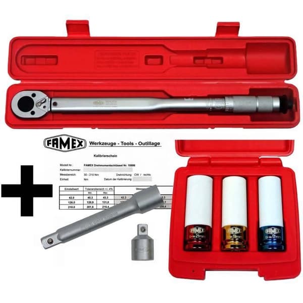 Momentnyckel 1/2" 30-210 Nm - FAMEX 10886-3N-KS med kalibreringscertifikat och fälghylsor