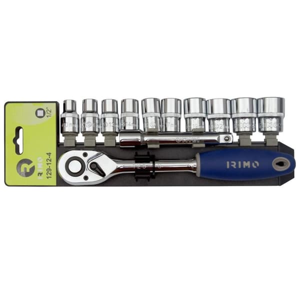 Skralde med fatninger 10-24mm+forlænger 1/2" 12 stk Irimo