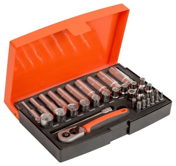 Korte og lange fatninger sæt 4-13mm + bits PH,PZ,HEX,TORX 37 stk 1/4"