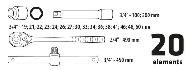 3/4" hylsyavaimet, sarja 20 kpl.