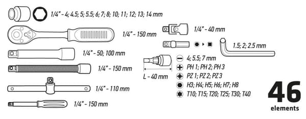 1/4" hylsnycklar, set om 46 st.