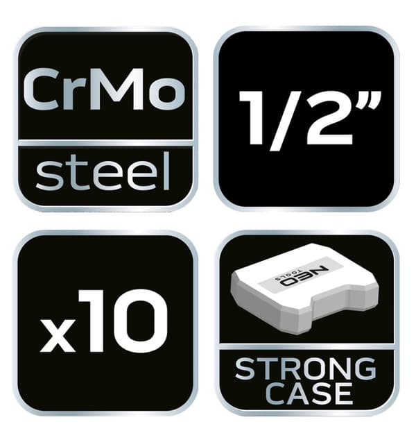 1/2" slaghylsor, 10-24 mm, set om 10 st, CrMo