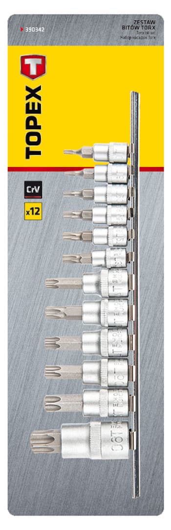 Torx bits med 1/4, 3/8, 1/2" fatning, sæt med 12 stk.