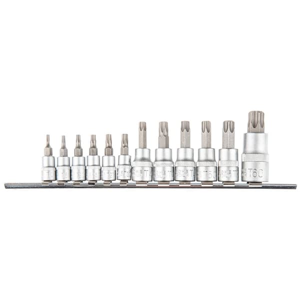 Torx bits med 1/4, 3/8, 1/2" fatning, sæt med 12 stk.