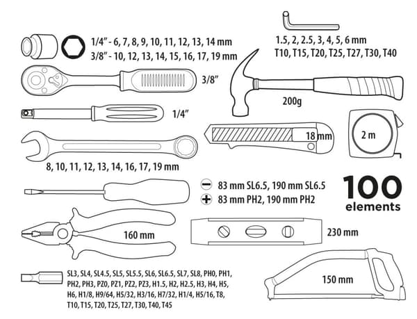 Verktygssats 1/4", 3/8", 100 st.
