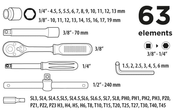 Set hylsnycklar 1/4", 3/8", 63 st.
