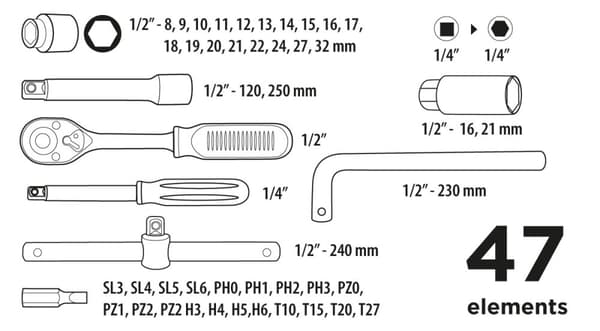 Topnøgler 1/4", 1/2", sæt med 47 stk.