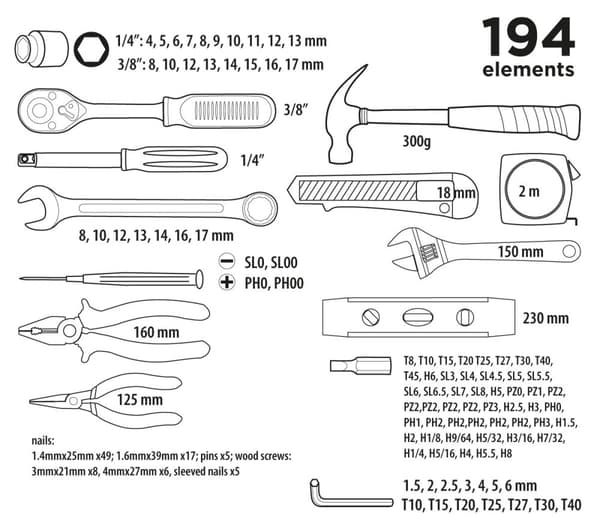Værktøjssæt 1/4", 3/8" 194 stk.