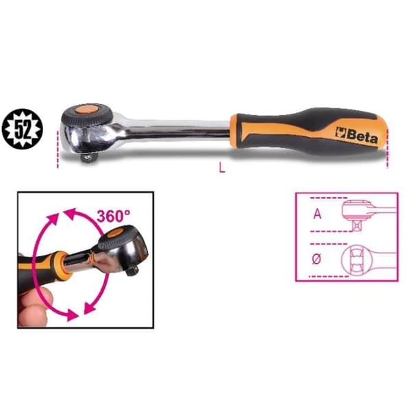 Vändbar spärrnyckel - BETA - 910/58 - Bi-material handtag - 52-tands mekanism