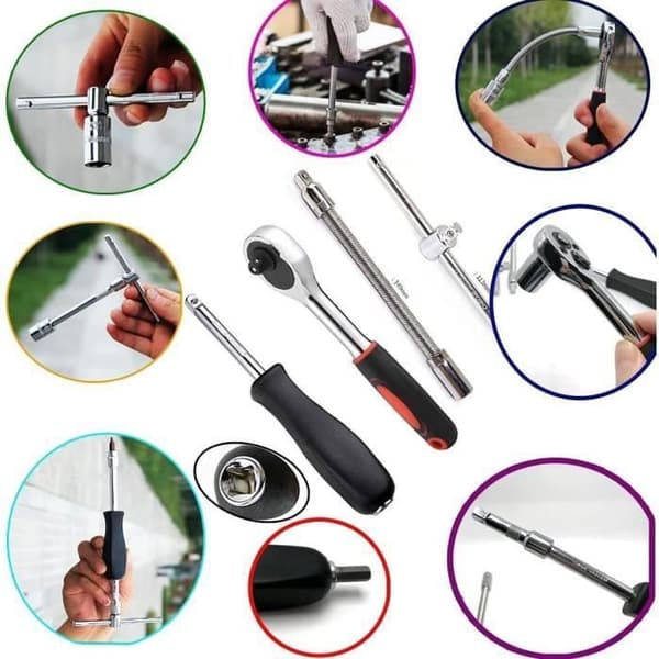 46 bitar 1/4" tum hylsnyckel och bits metriska bitar set Flexibla förlängningsstänger med vändbar spärrnyckel, röd