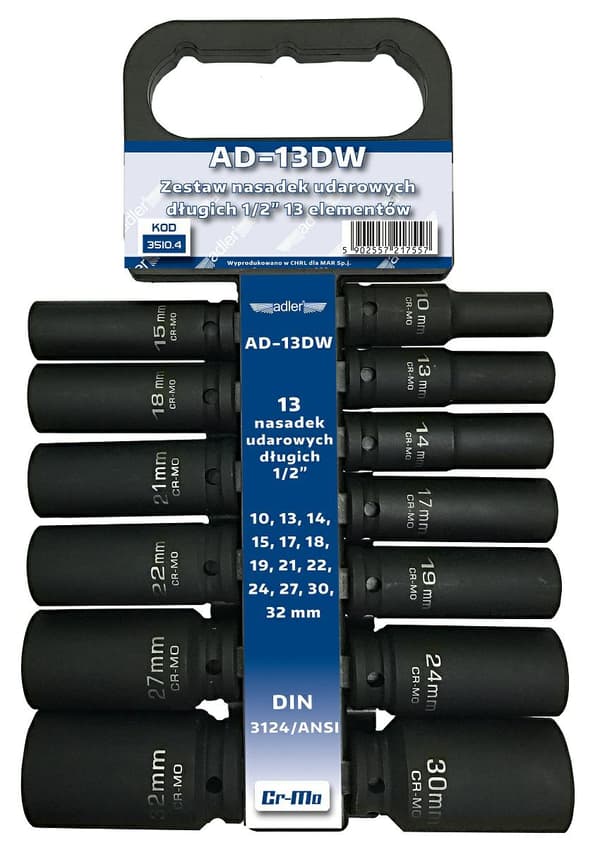 ADLER IMPACT SOCKETS 13 st LÅNG /ADLER 10-32mm /HÄNGARE AD-13DW