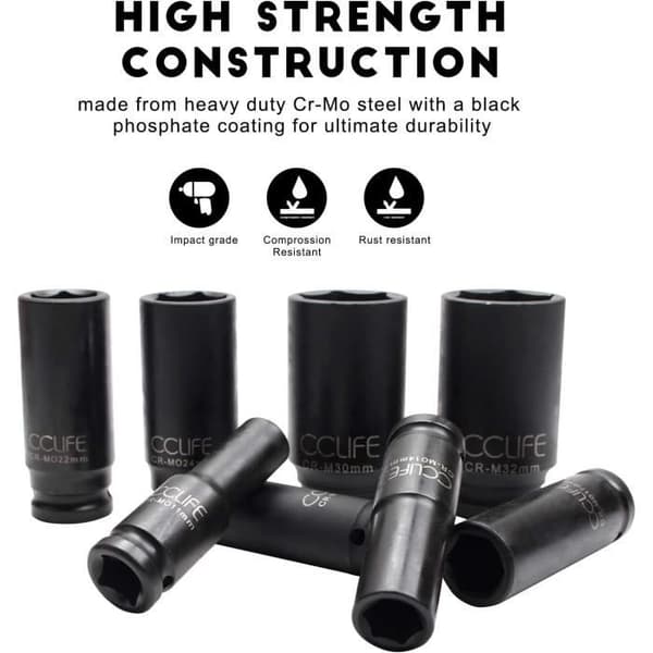 Långa hylsor - CCLIFE - 16 delar - Krom-molybdenstål - Storlekar 10-32mm - 78mm lång
