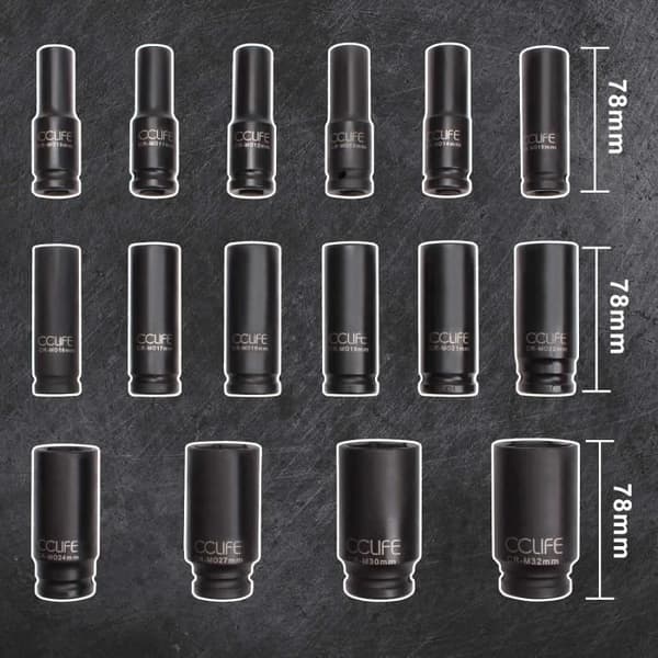 Långa hylsor - CCLIFE - 16 delar - Krom-molybdenstål - Storlekar 10-32mm - 78mm lång