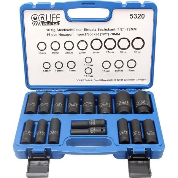 Långa hylsor - CCLIFE - 16 delar - Krom-molybdenstål - Storlekar 10-32mm - 78mm lång