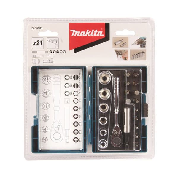 Skiftnyckel + hylsa - MAKITA - B-54081 - 21 stycken - 1/4" - Kvalitetsverktyg