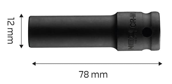 Slaghylsa 1/2" lång, 12 x 78 mm, Cr-Mo