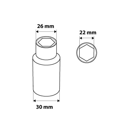 3/8" pitkä kuusikulmainen kanta, 22 mm