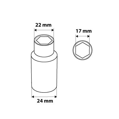 1/2" pitkä kuusikulmainen kanta, 17 mm