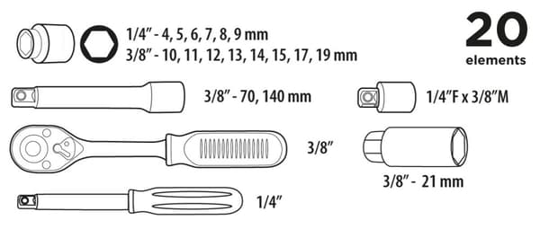Topnøglesæt 1/4", 3/8", 20 stk.