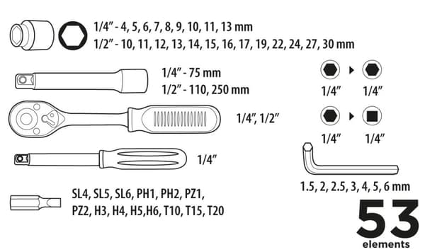 Hylsnyckelsats 1/4", 1/2", 53 st.