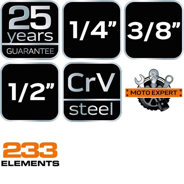 Hylsnycklar 1/2", 3/8", 1/4", set om 233 st.