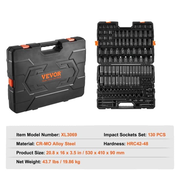 Impact Socket Set, 130 dele, Holdbart Cr-Mo legeringsstål,130 stk.