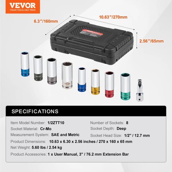 Impact Socket Set, 8-delt dyb design, Cr-Mo konstruktion,6Punkt 8Styk