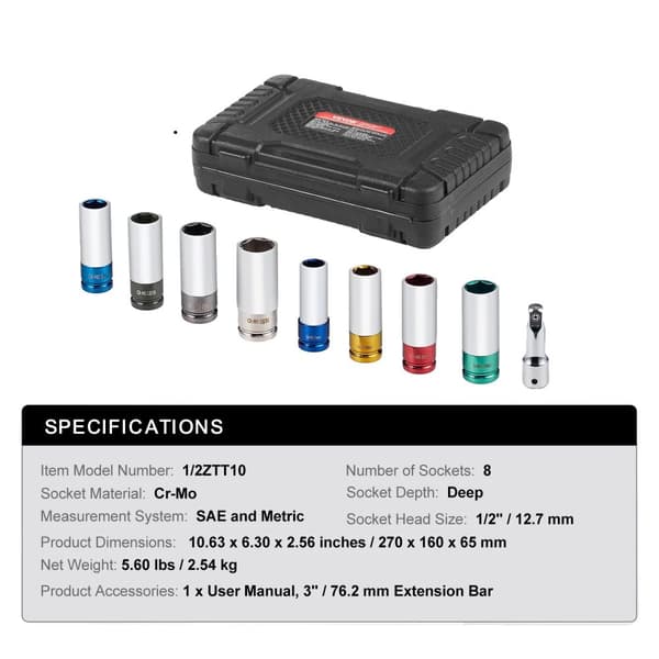 Impact Socket Set, 8-delt dyb design, Cr-Mo konstruktion,6Punkt 8Styk