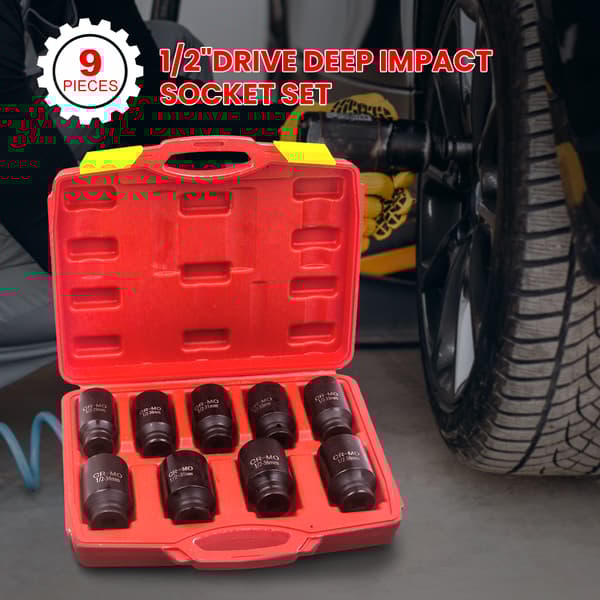 Djup Impact Socket Kit, 1/2" Driv, 9 Nycklar Inkluderade, Högpresterande Material