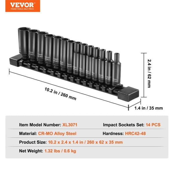 Impact Socket Set, Holdbar CR-MO Legering Stål, Letlæselige Størrelsesmærkninger,14 stk 0,25 tommer