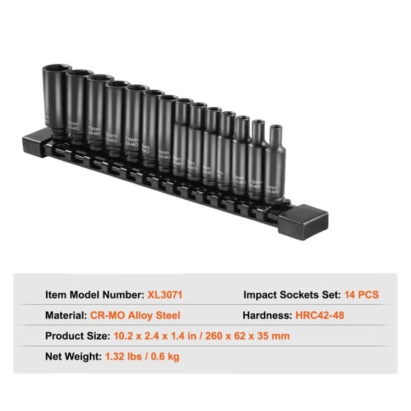 Impact Socket Set, Holdbar CR-MO Legering Stål, Letlæselige Størrelsesmærkninger,14 stk 0,25 tommer