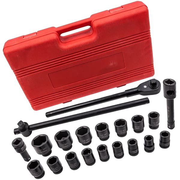 Impact Socket Set, 16-delt dyb 3/4 tommer drev, holdbar metalæske, nøglestørrelse 19-50 mm