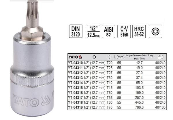 YATO TORX-NYCKEL MED SKAFT 1/2" T50x55mm